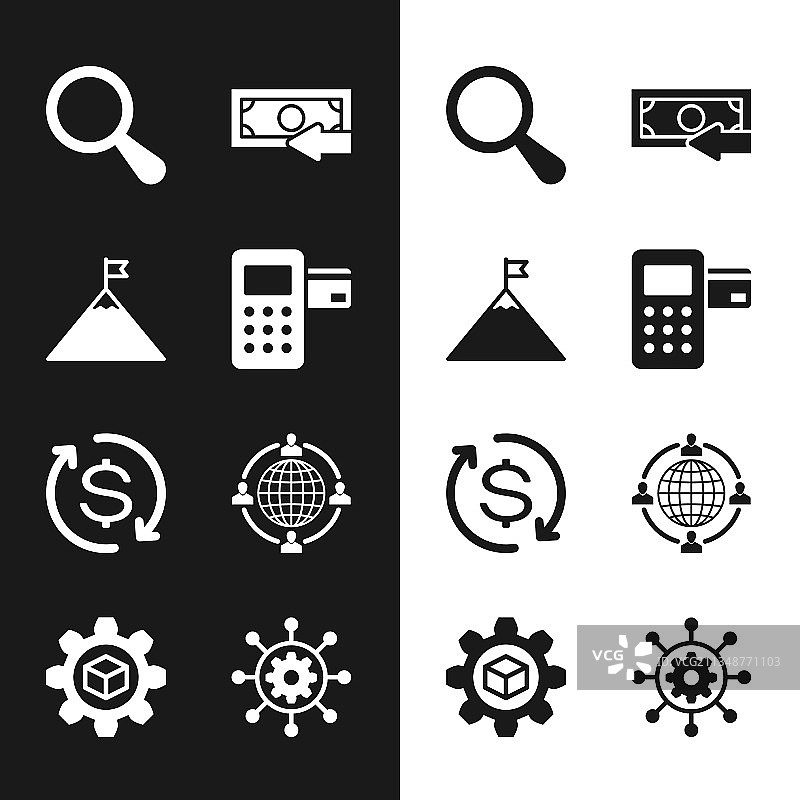 POS机、山脉、旗帜和放大镜图片素材