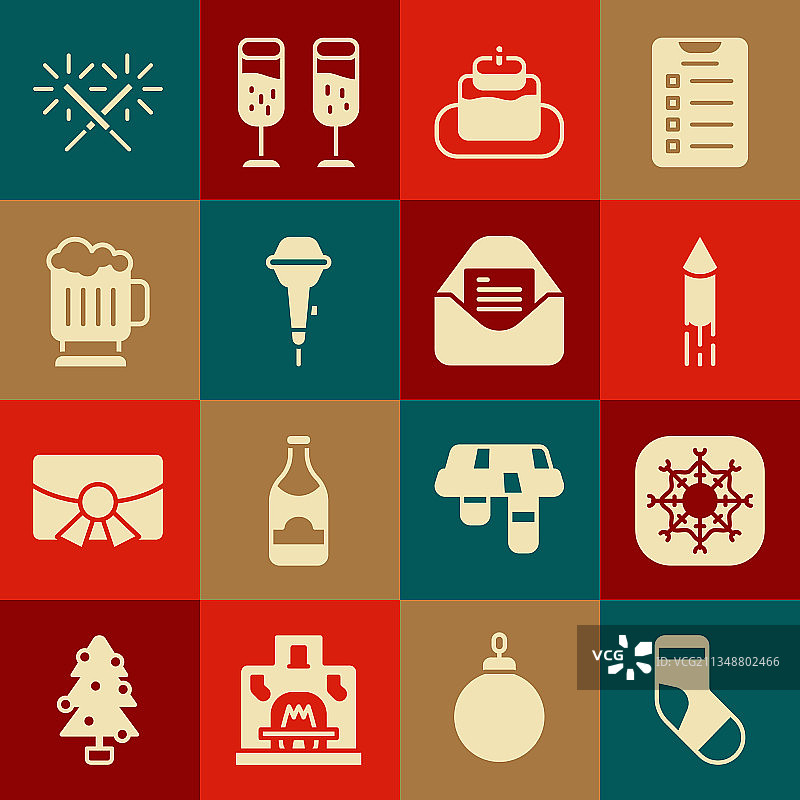 圣诞节主题元素套装：长筒袜、雪花与烟花火箭图片素材