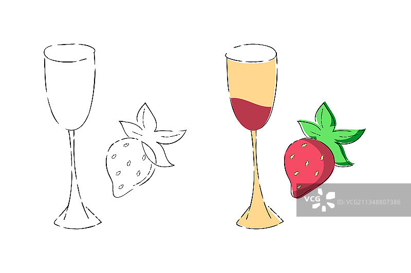 香槟杯草莓图标手绘套装图片素材