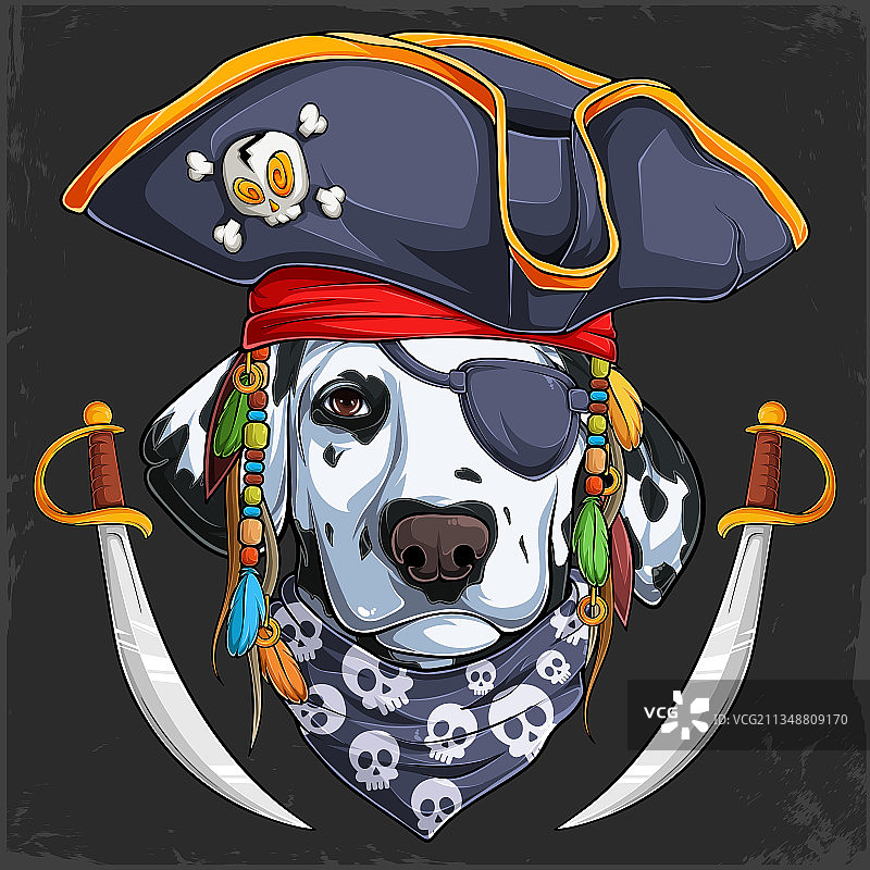 戴着海盗帽和双剑的有趣斑点狗图片素材