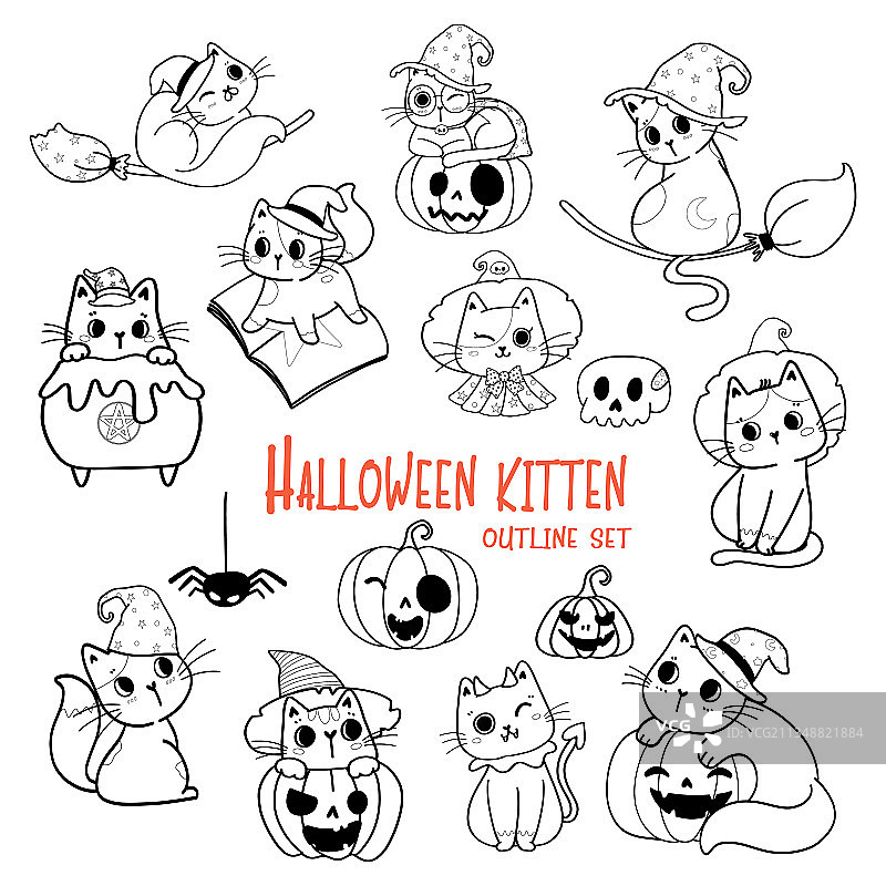 可爱万圣节猫卡通轮廓涂鸦套装图片素材