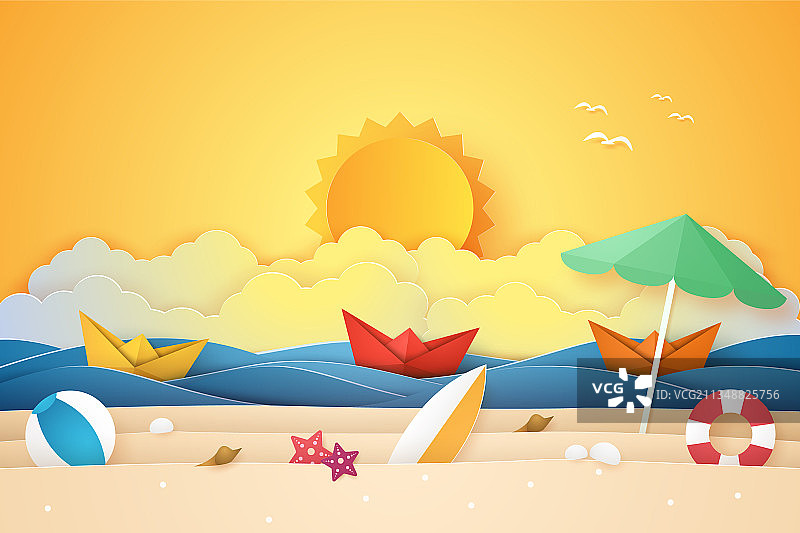 夏季海滩风景与小船图片素材