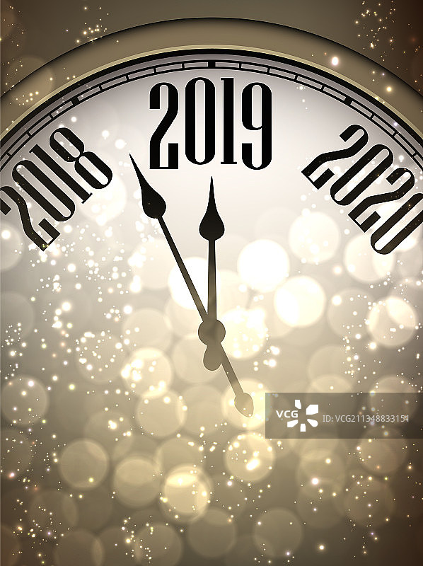 金色闪亮新年快乐2019时钟贺卡图片素材