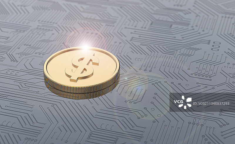 电路板上一枚金币3D渲染概念图图片素材