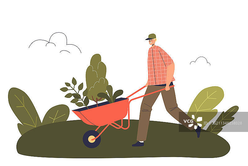 男人做园艺志愿者，搬运植物和树木图片素材