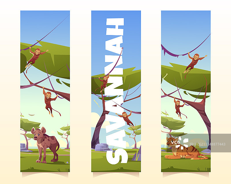 卡通风格的稀树草原动物竖版banner图片素材