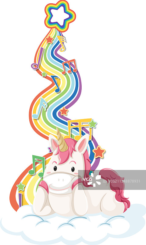 躺在白色彩虹云上的独角兽图片素材