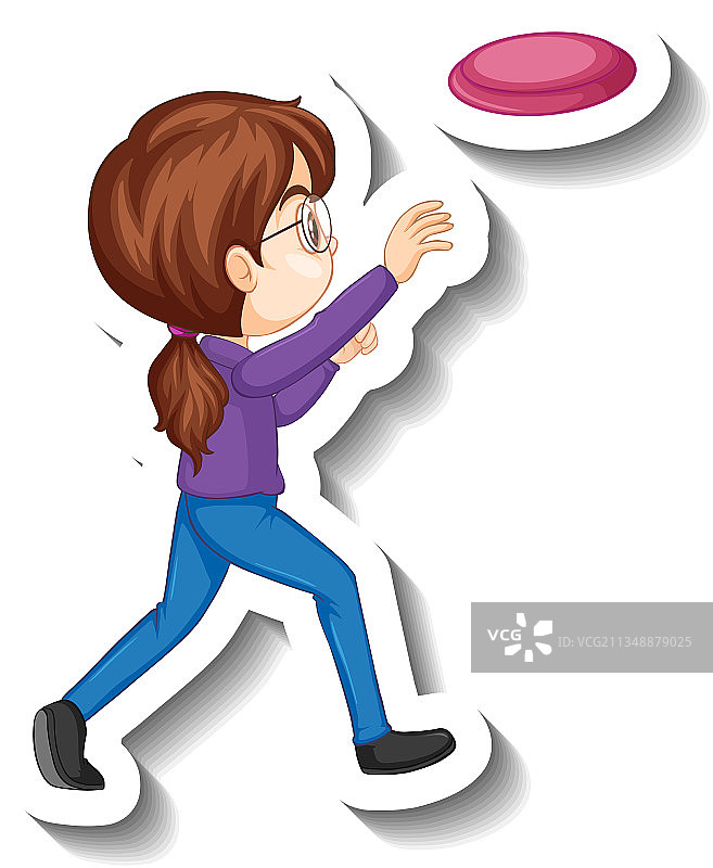 女孩扔盘子卡通人物贴纸图片素材