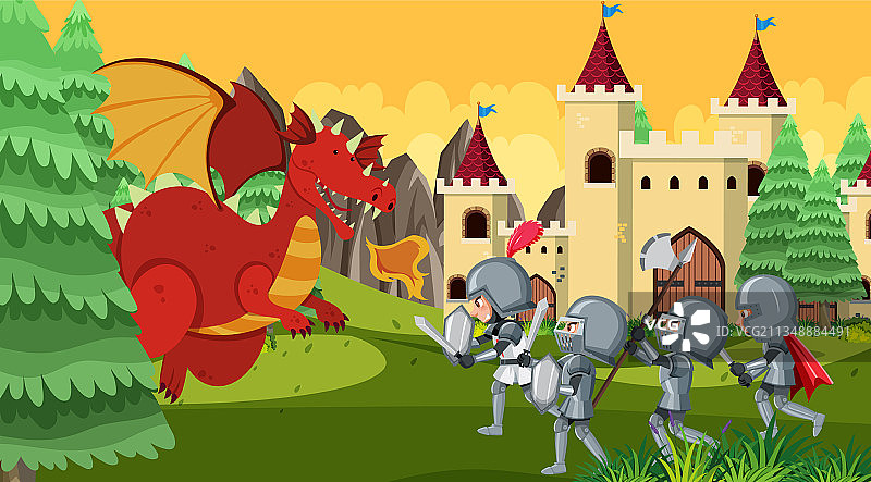 骑士与城堡中的龙战斗图片素材