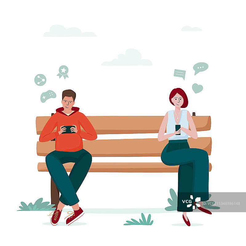 公园长椅上沉迷电子产品的男女图片素材