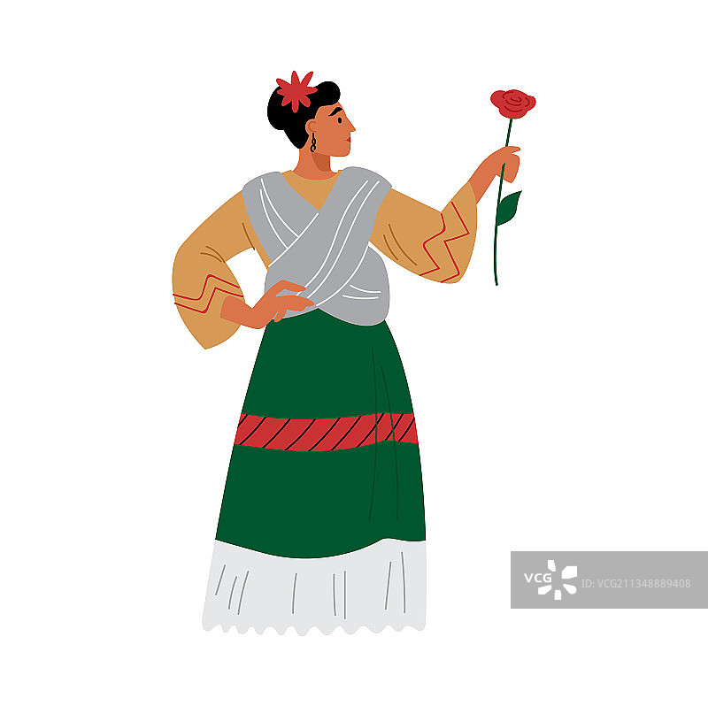 穿着连衣裙手捧鲜花的墨西哥女人图片素材