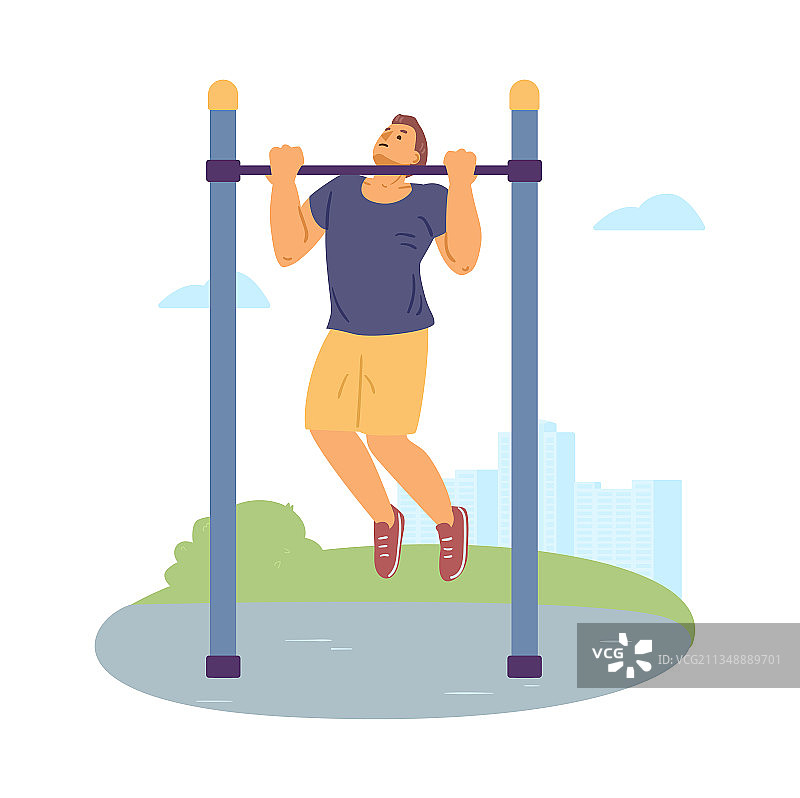 男人在单杠上做引体向上图片素材