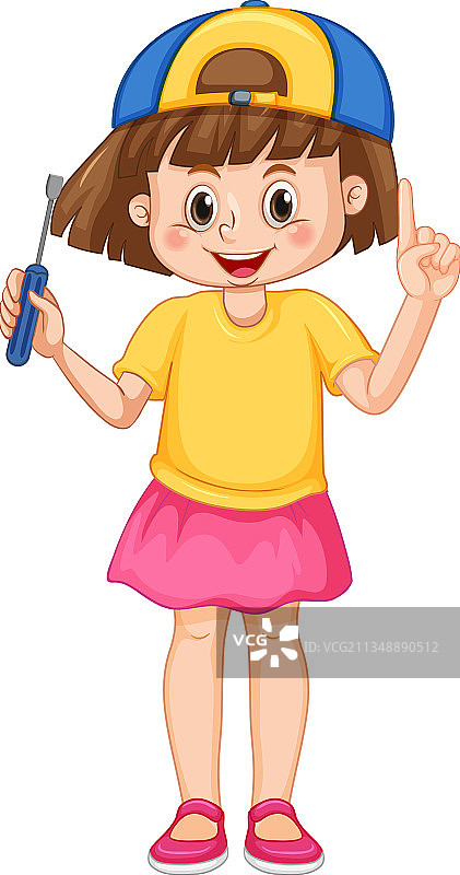 女孩在白色背景上手持螺丝刀图片素材