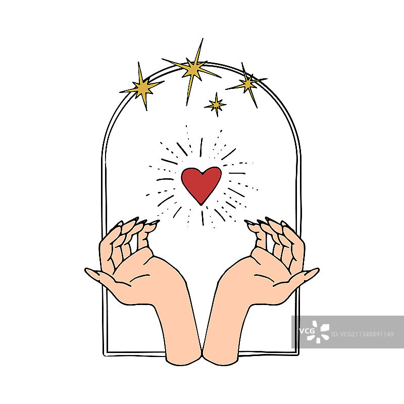 拱门内闪耀的心脏和复古神秘手图片素材