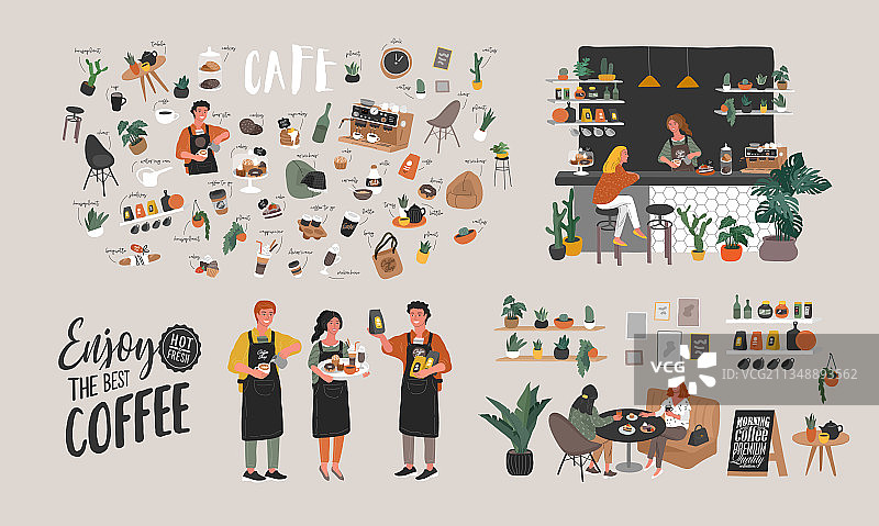 手绘卡通咖啡店元素合集图片素材