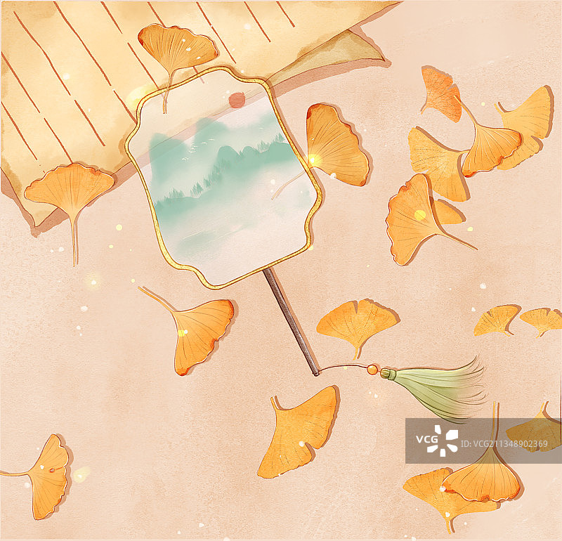 一把扇子和一堆银杏叶图片素材