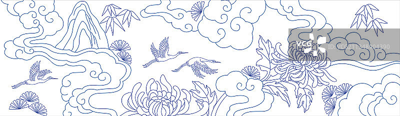 中国风蓝色线条山水图案背景图片素材