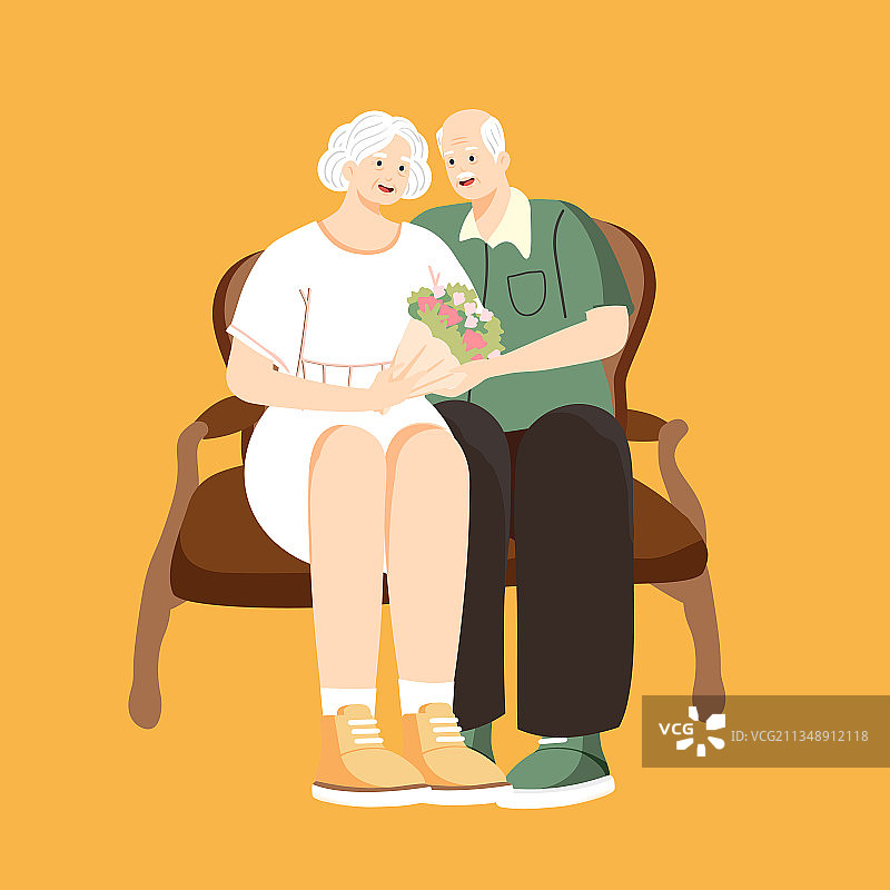 卡通家人老人老年重阳节居家养老出游秋季花卉依偎夫妻矢量插画图片素材
