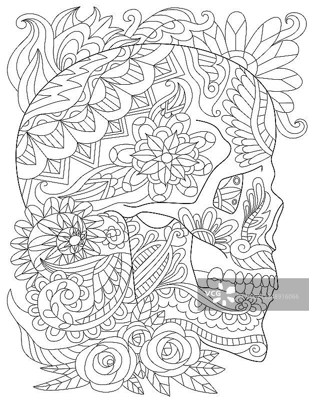 骷髅纹身线条画与花朵图片素材