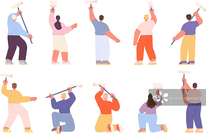 人们粉刷墙壁，男女油漆工群体图片素材