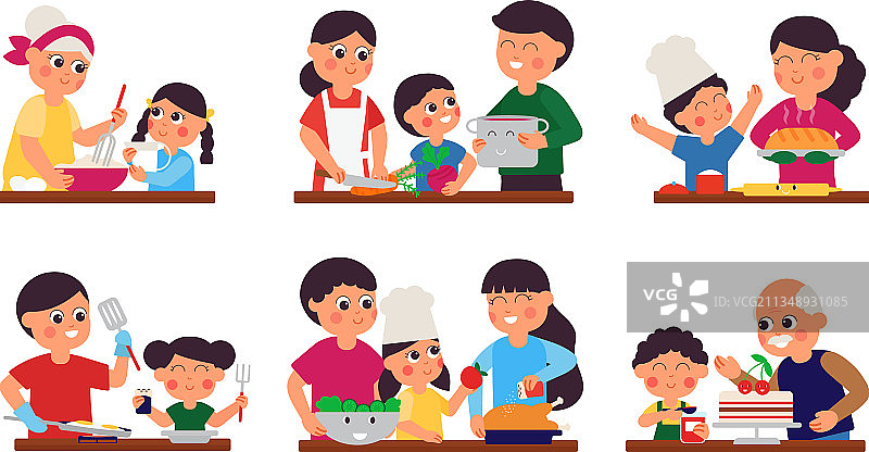 厨房里准备食物的家庭女孩们图片素材