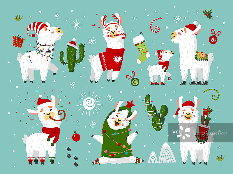 圣诞卡通羊驼小 llama 动物图片素材