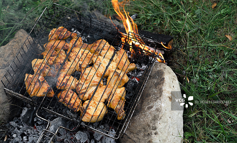 烧烤架上的肉俯视图图片素材