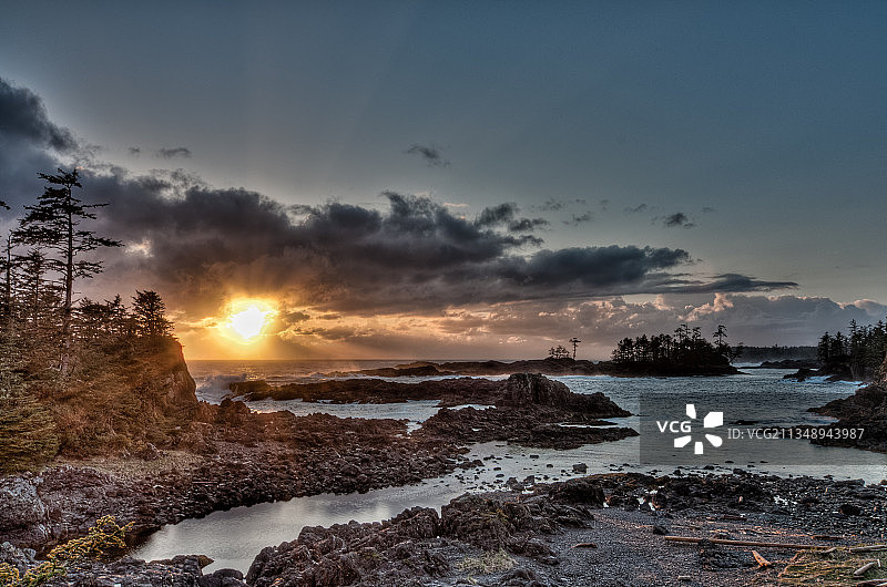 加拿大不列颠哥伦比亚省尤克卢利特日落时分的海景图片素材