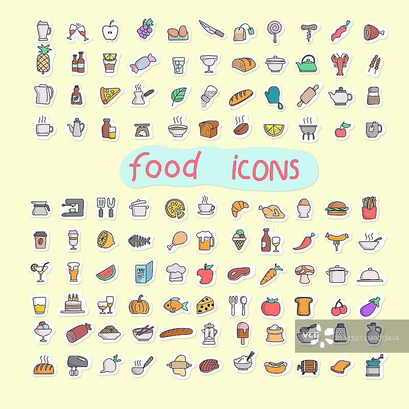 贴纸风格的彩色食物图标合集图片素材