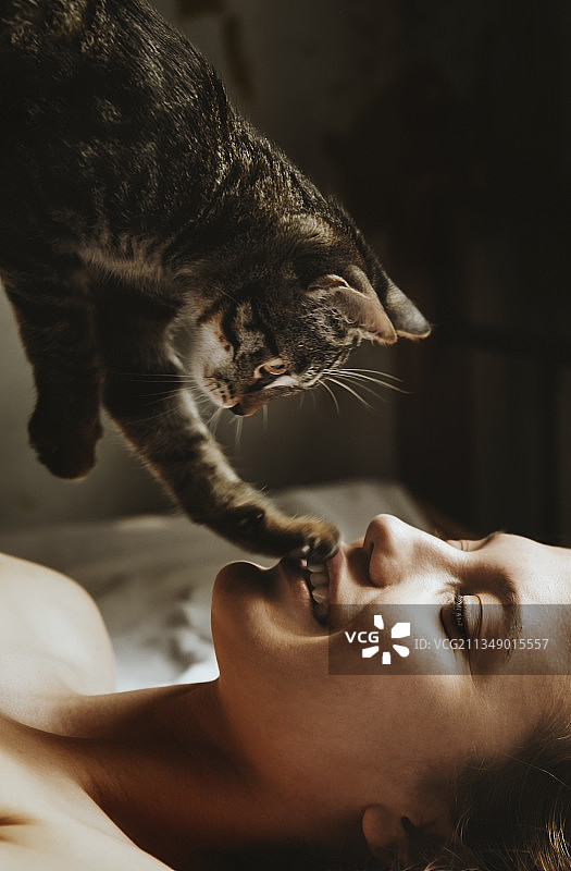 快乐的女人清晨躺在床上和猫玩耍，适合做书籍封面图片素材