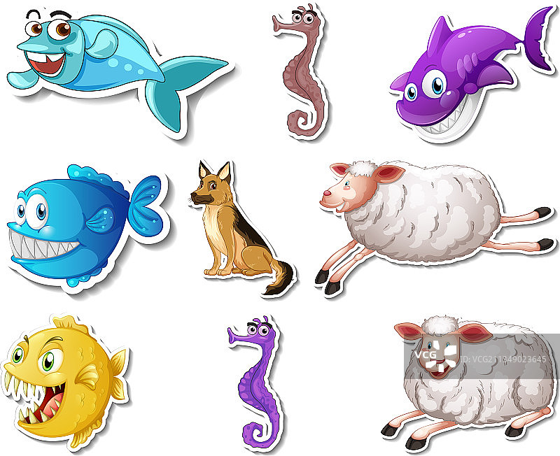 海洋动物和小狗卡通贴纸套装图片素材