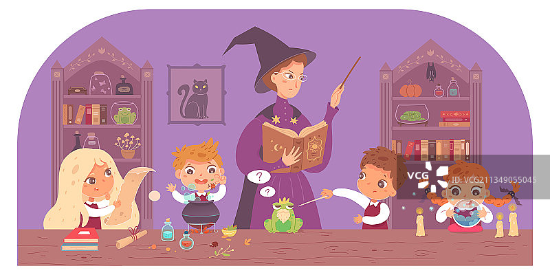 魔法学校课堂上与教授在一起的儿童图片素材