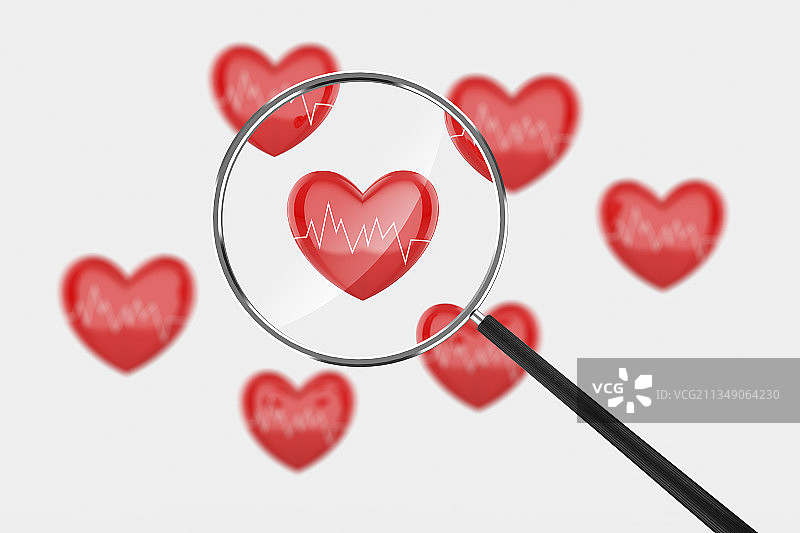 心电图爱心和放大镜三维渲染图图片素材
