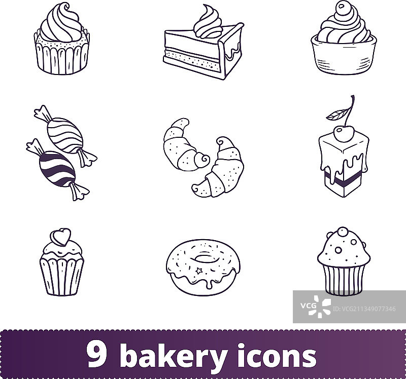 手绘面包糕点细线图标图片素材