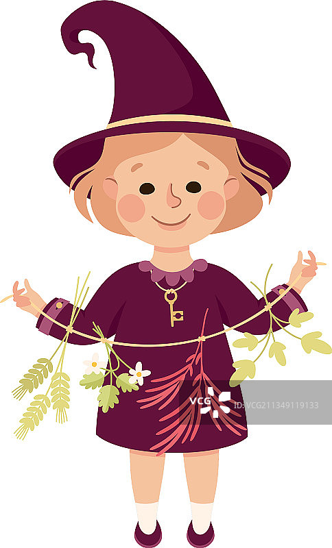 穿着紫色连衣裙和尖帽的小女巫图片素材