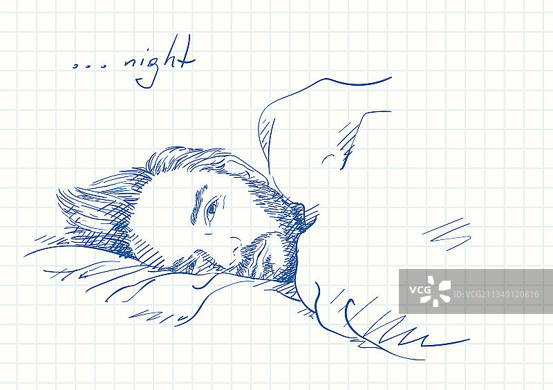 英俊的留胡子男人睡眼惺忪地躺在床上图片素材