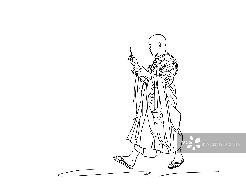 手绘素描：使用智能手机的行走僧侣图片素材