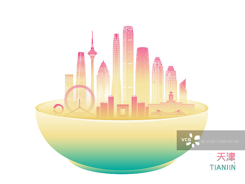 天津城市建筑群天际线矢量插画海报图片素材