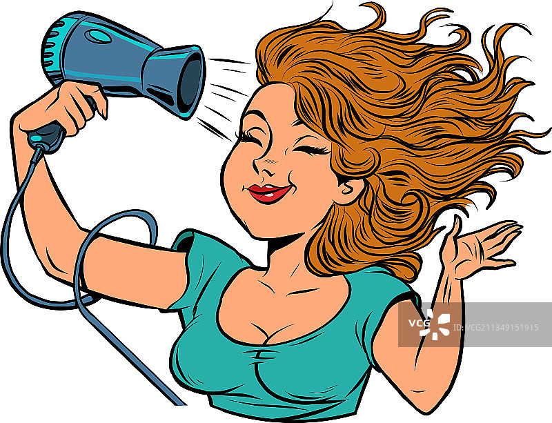 美丽年轻女人用吹风机吹干头发图片素材