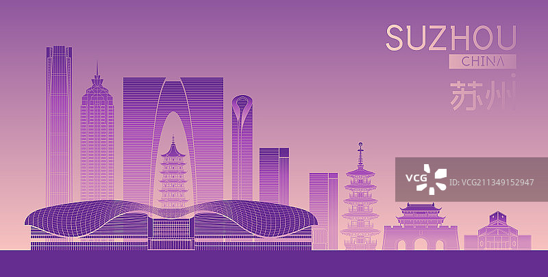 苏州城市建筑群天际线矢量插画海报图片素材
