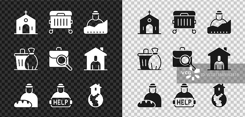 教堂建筑垃圾桶流浪汉套装图片素材