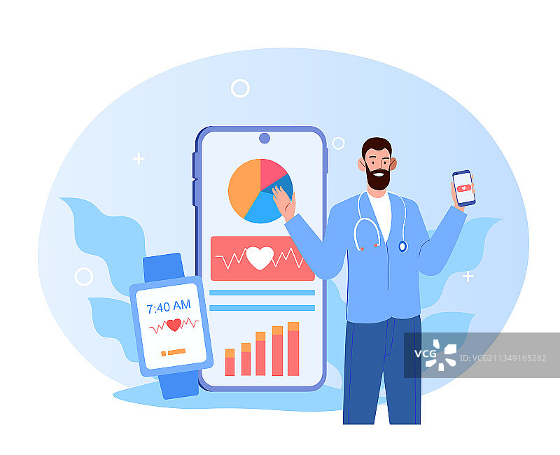 络腮胡男人介绍心跳测量应用程序图片素材