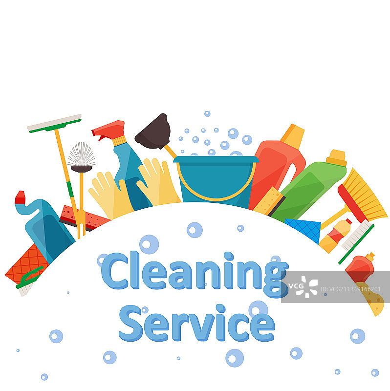 成套的什锦清洁用品，包括扫帚和水桶图片素材