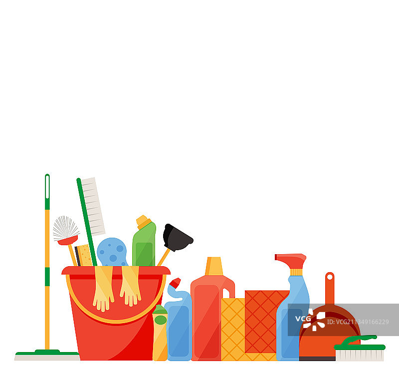 成套的什锦清洁用品，包括扫帚和水桶图片素材