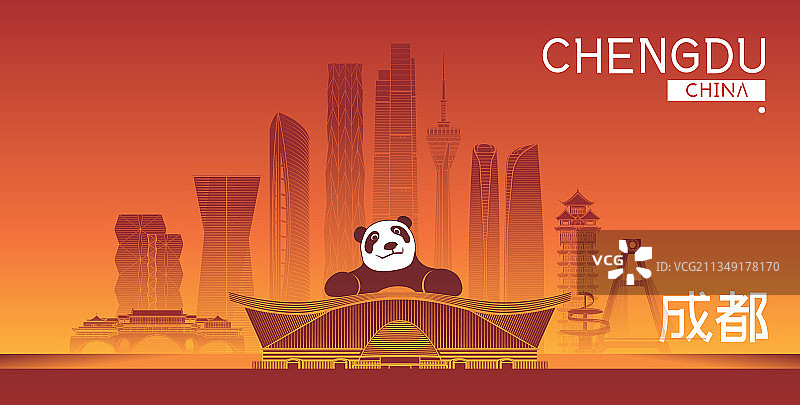 成都城市建筑群天际线矢量插画海报图片素材