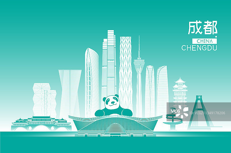 成都城市建筑群天际线矢量插画海报图片素材