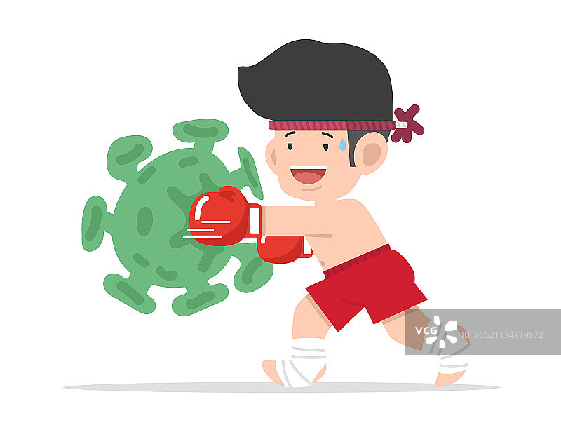 可爱的卡通泰拳拳击手对抗冠状病毒图片素材
