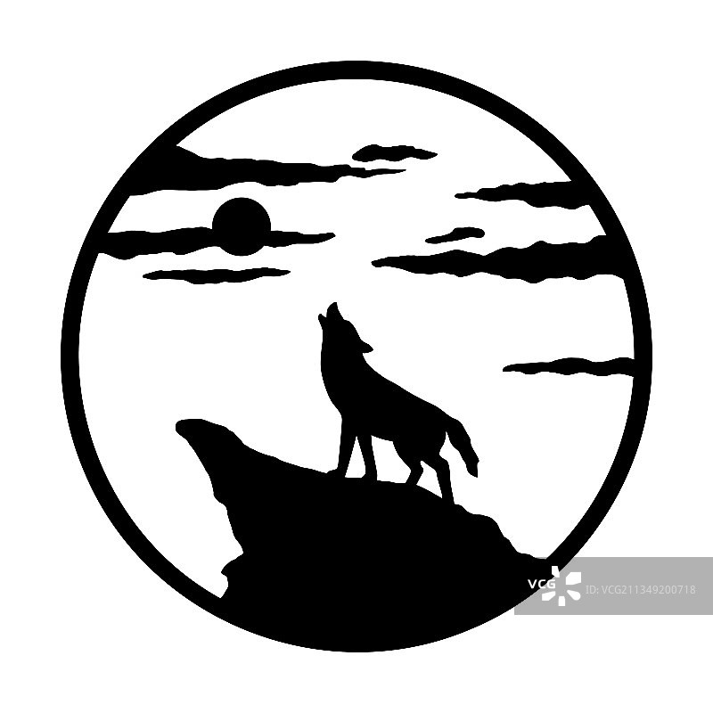 狼在山上对着月亮嚎叫的轮廓图片素材