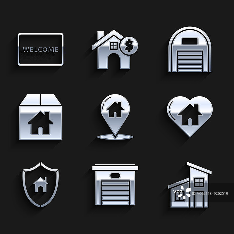 地图指针与房屋、车库和爱心组合图片素材