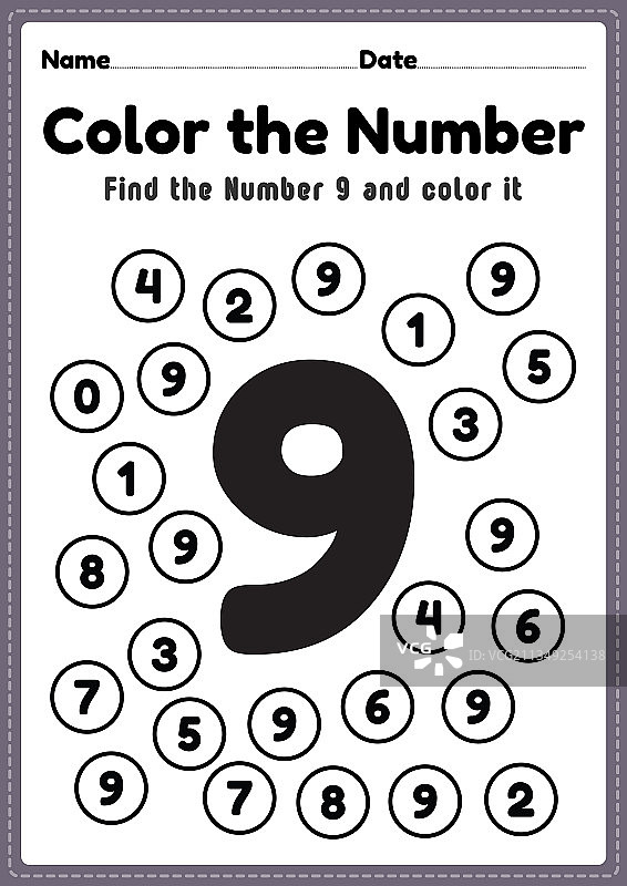 9的学前数字练习册着色图片素材